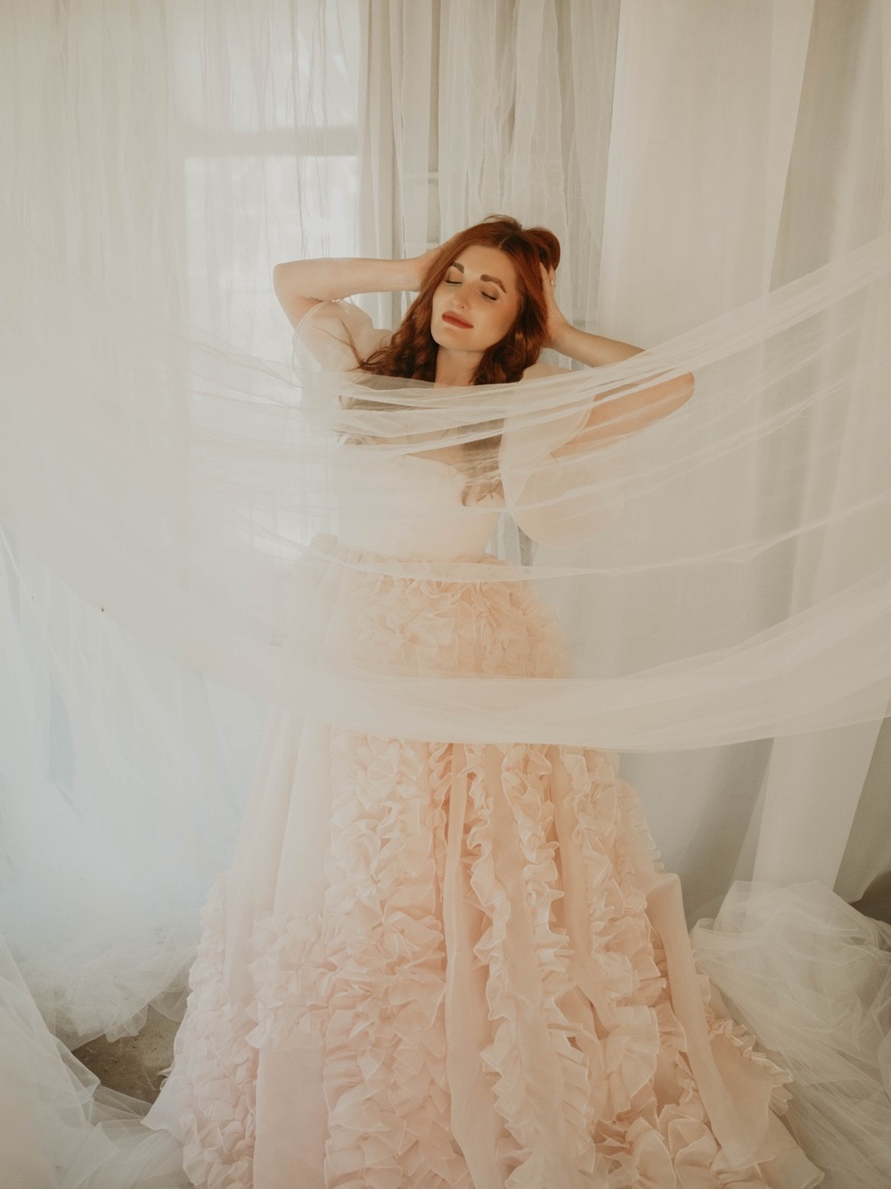 Selkie Blush Riviera Pink Ruffled Ball Gown Dress with removable sleeves - Picture 6 of 7